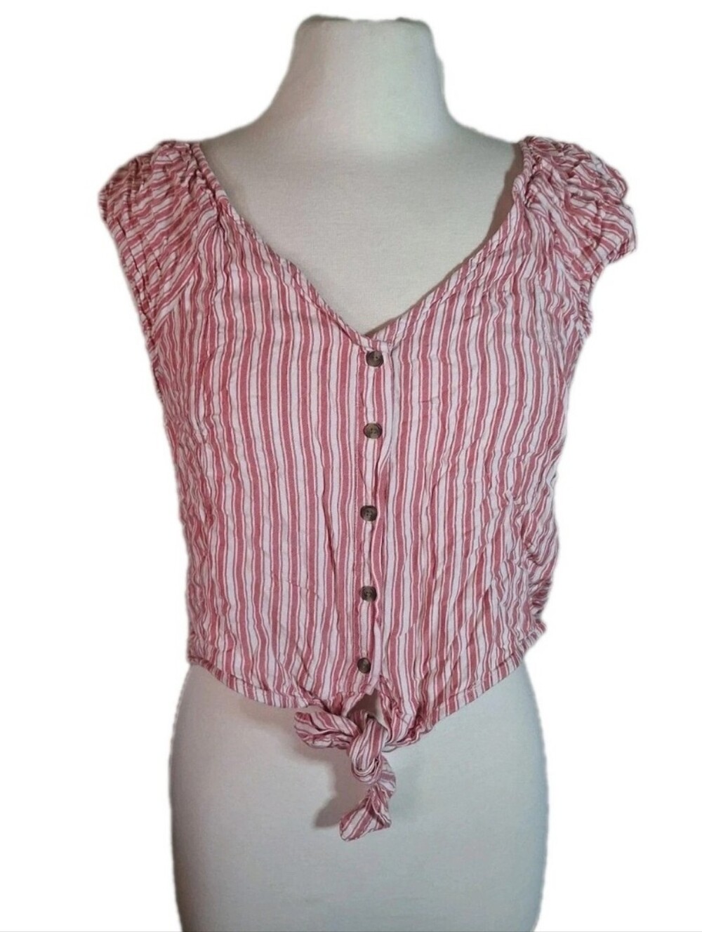American Eagle Crop Top Pink White Striped With Tie Button Up Features Size XL